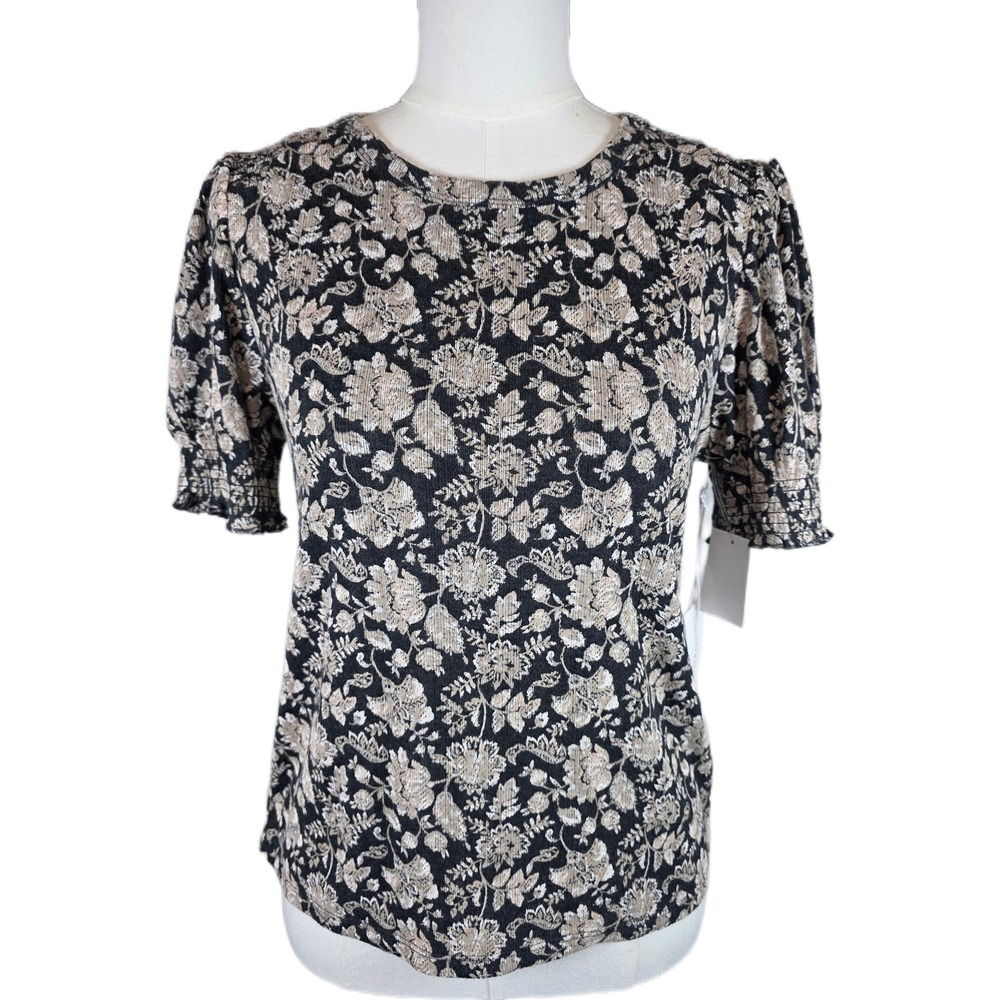 Lucky Brand Black & Tan Floral Puff Sleeve Knit Short Sleeve Top